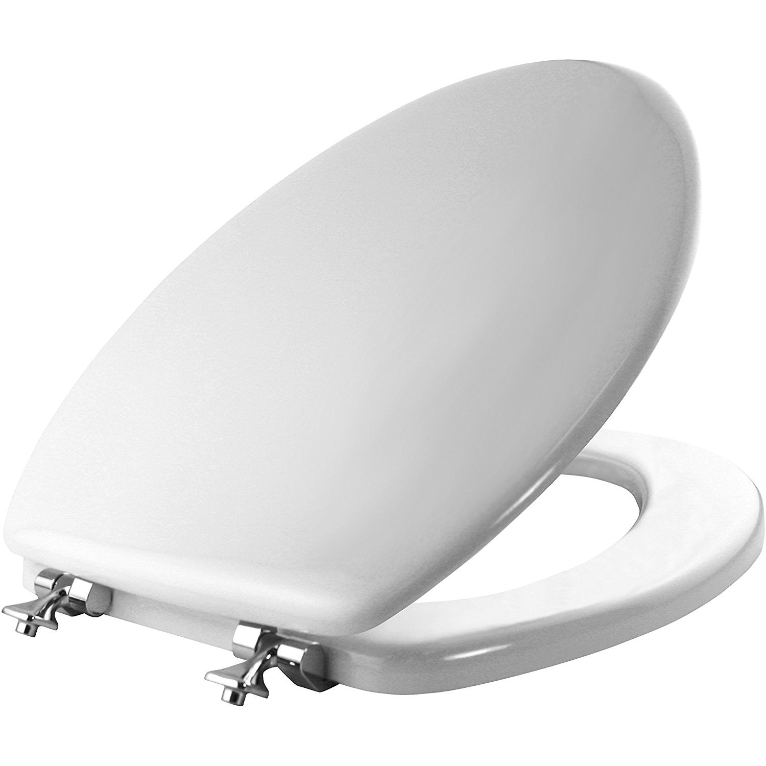Elongated White Wood Toilet Seat – Chrome Hinges