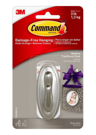 Command Medium Traditional Brushed Nickel Hook – 3lb