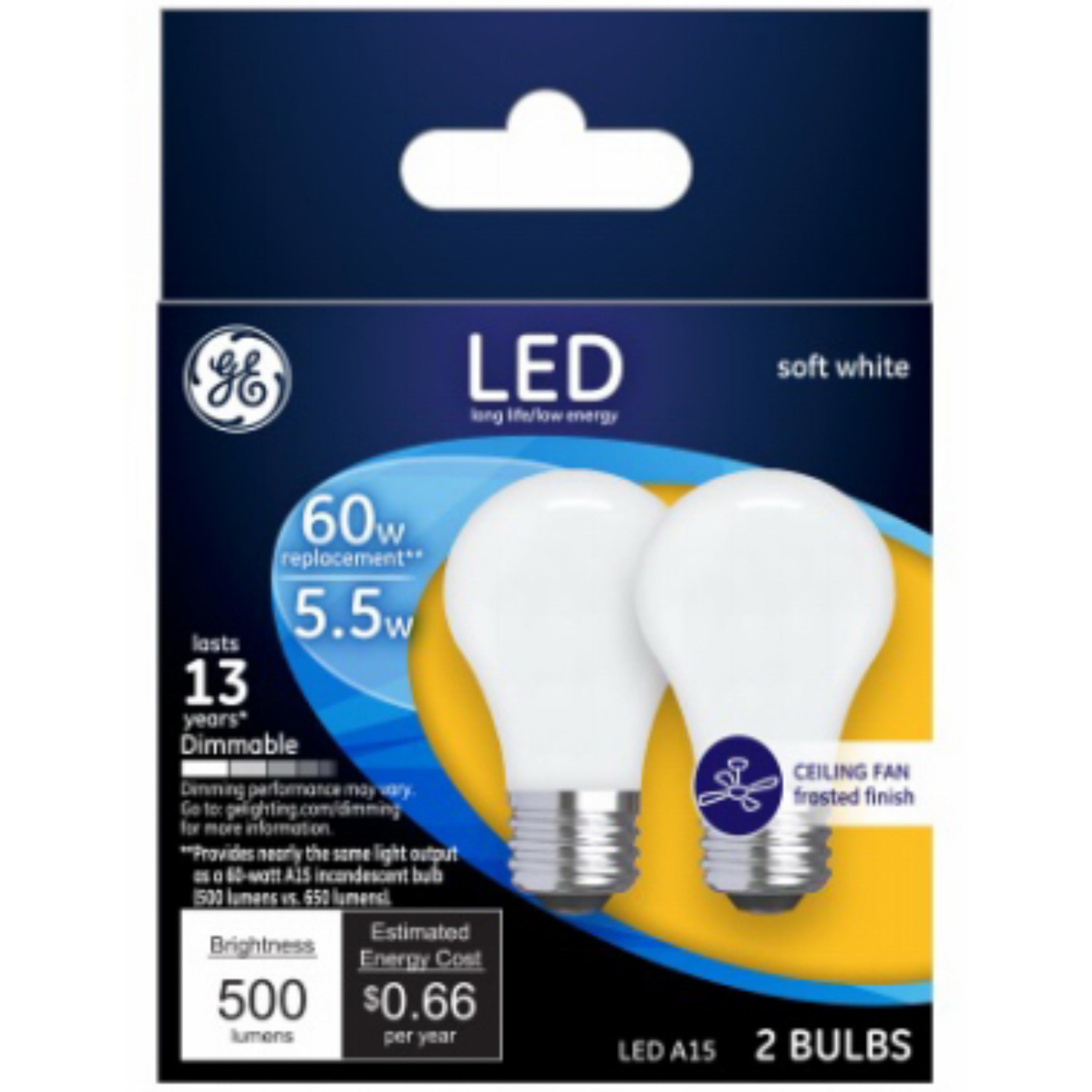 GE LED Soft White Dimmable 60W Equivalent A15 Light Bulbs - 2-Pk