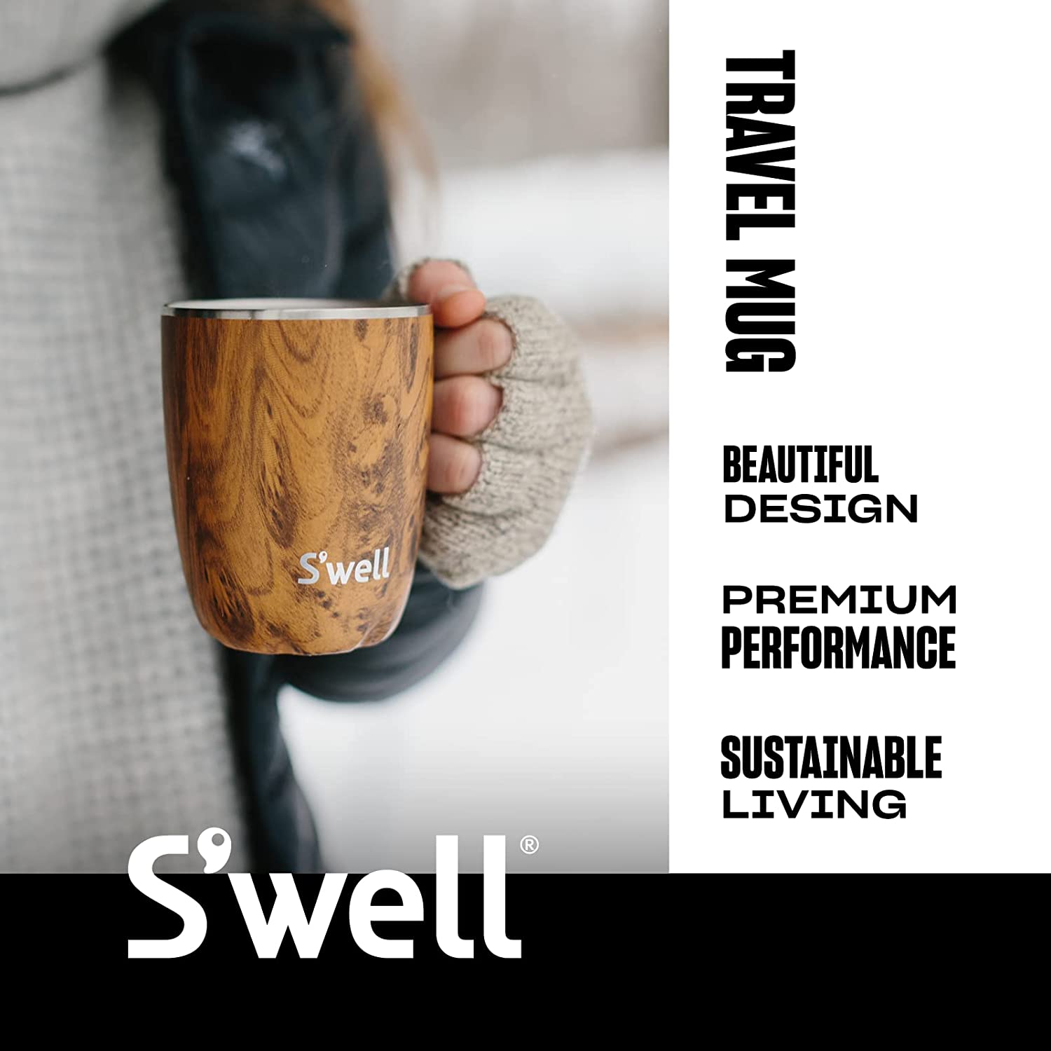 S'well Triple-Layered, Vacuum-Insulated Mug – 12oz –Teakwood