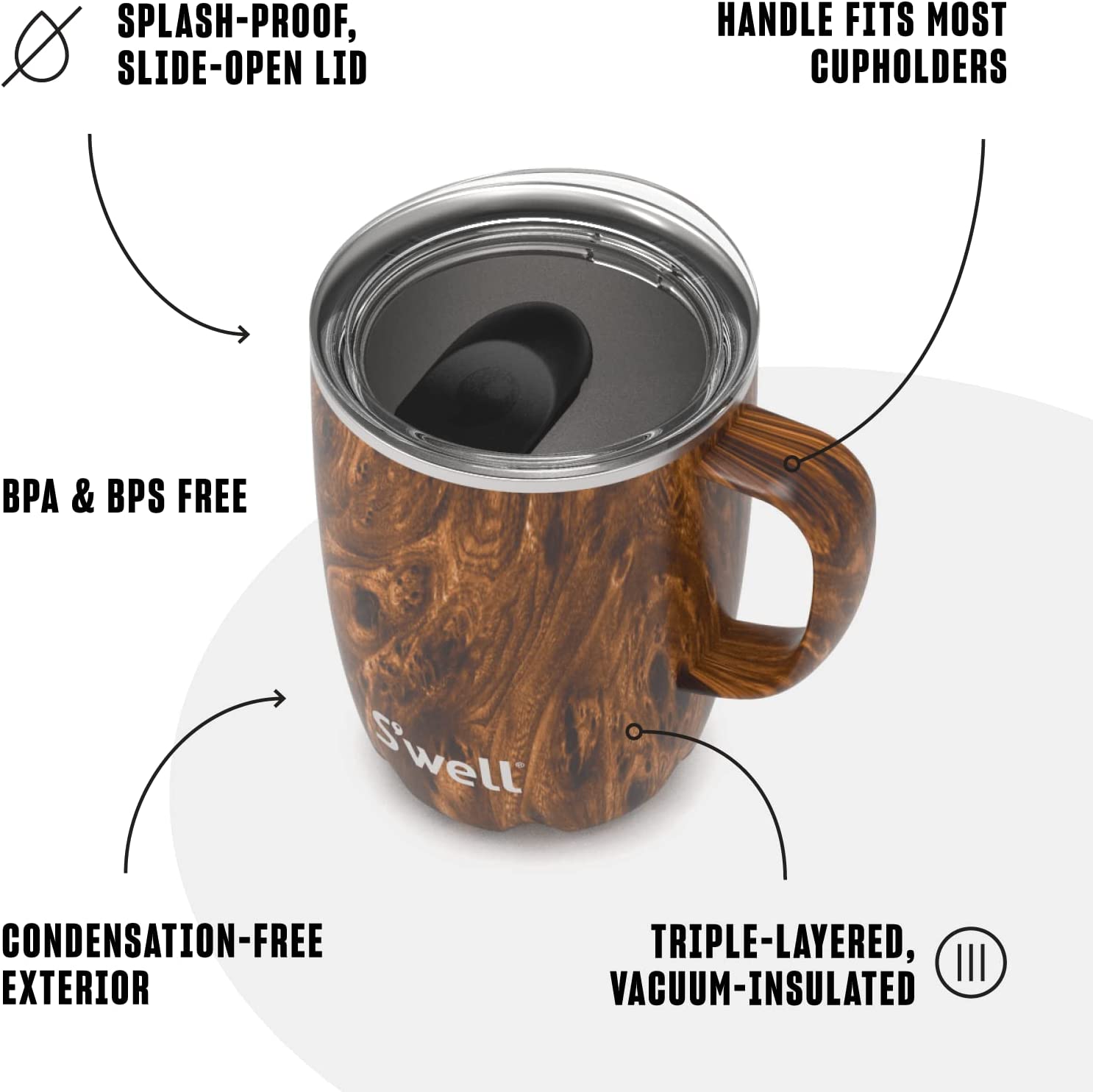 S'well Triple-Layered, Vacuum-Insulated Mug – 12oz –Teakwood