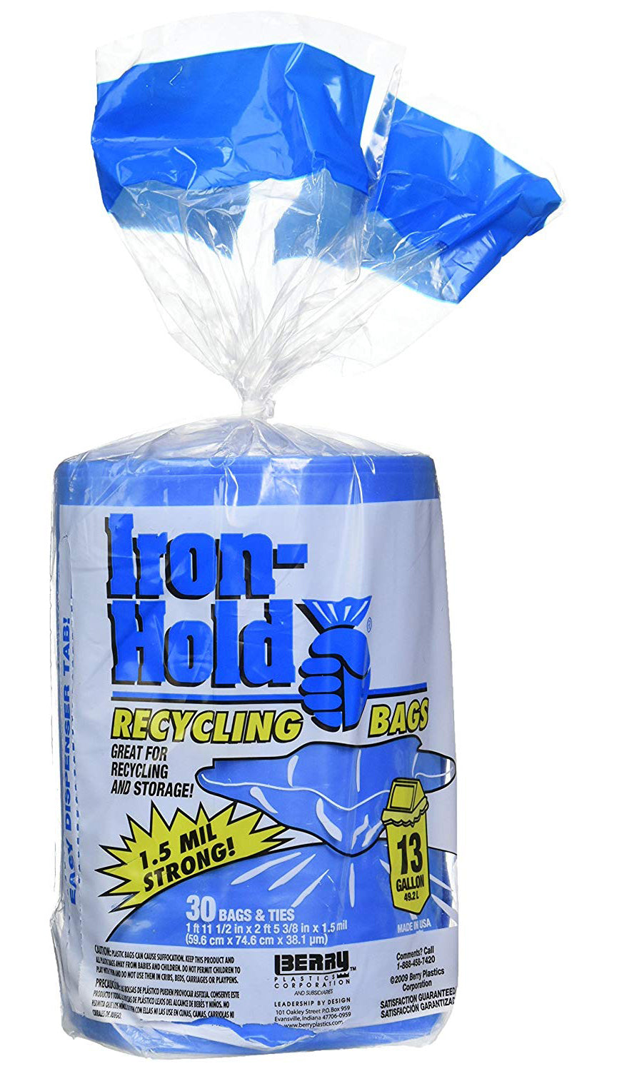 Iron Hold Tall Kitchen Blue Recycling Bags – 13 Gallon – 30 Count