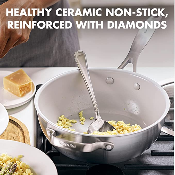 GreenPan Tri-Ply Stainless Steel Healthy Ceramic Nonstick Chef Saute Pan – 3QT