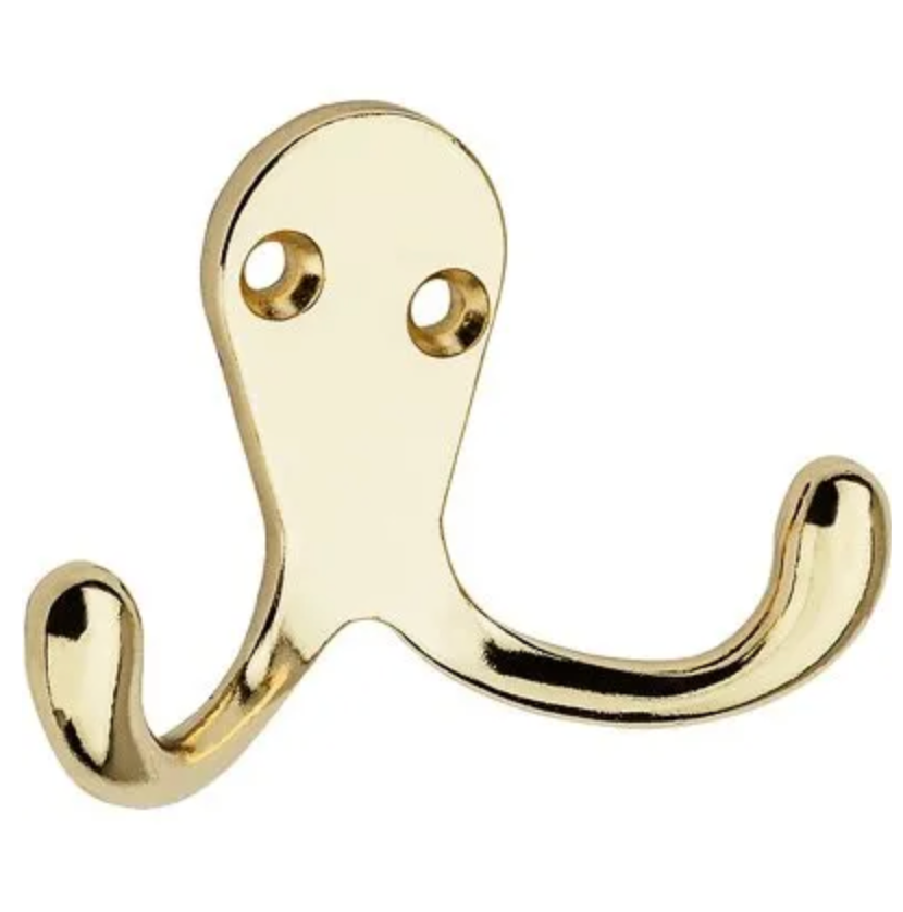 Double Prong Wall Hook for Clothes – Bright Brass – 2-Pk.