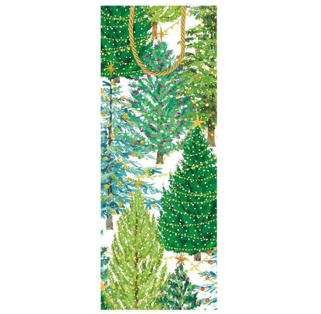 Caspari Christmas Trees With Lights Wine and Bottle Gift Bag
