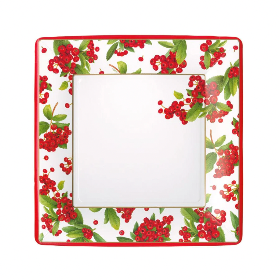 Caspari Christmas Red Berry Square Paper Salad & Dessert Plates - 8pk