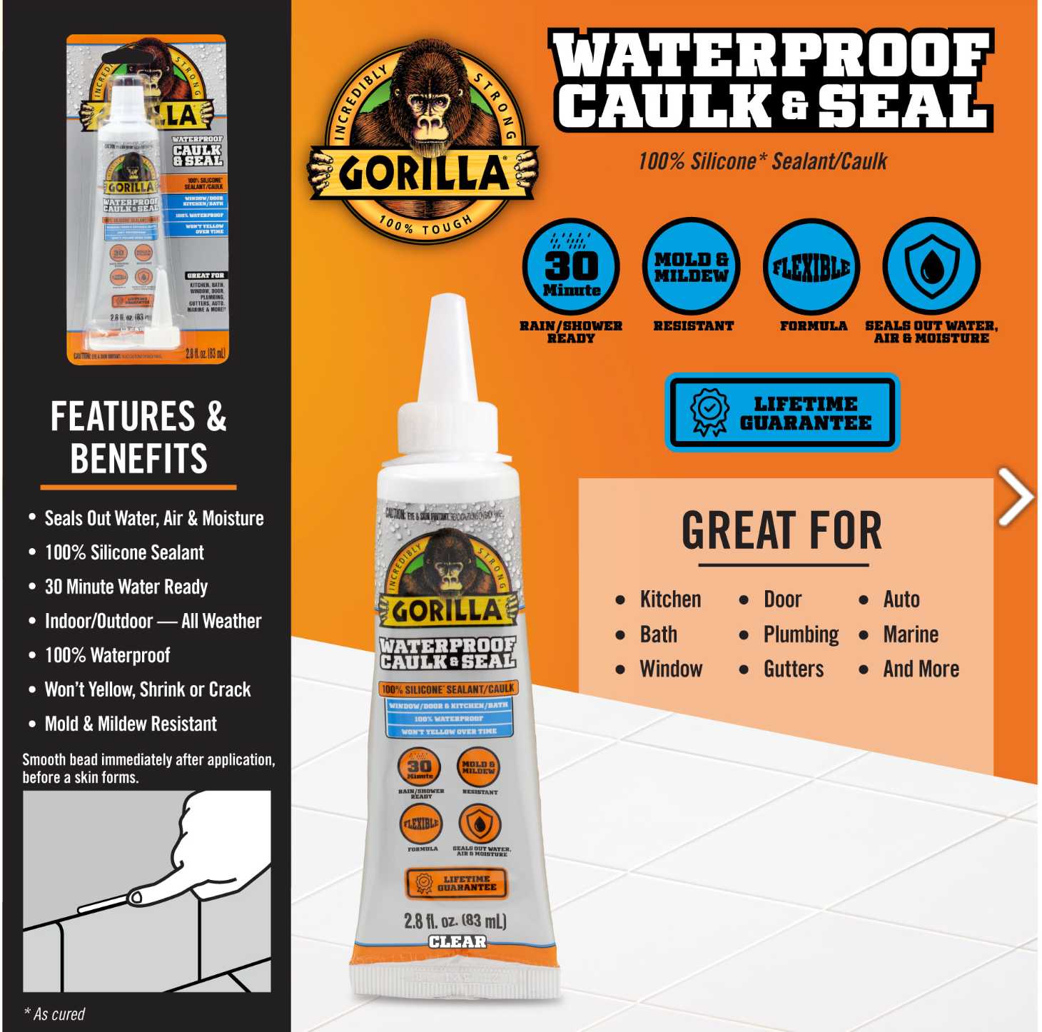 Gorilla Silicone Sealant Tube – Clear – 2.8 oz.