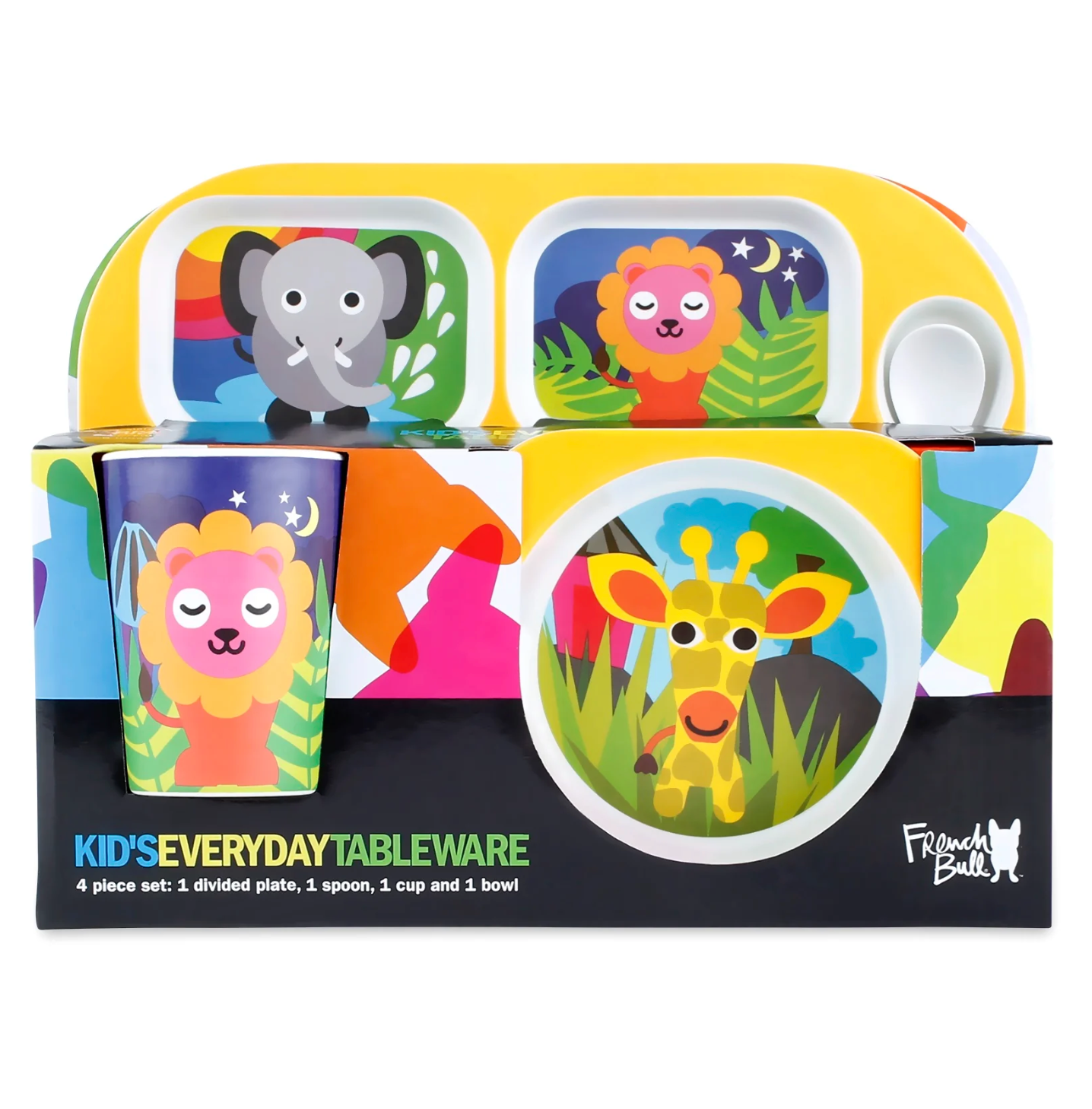 French Bull Kids Everyday Melamine 4 Piece Tableware Set – Jungle Animals