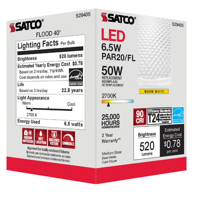Satco 6.5 Watt (50W Equivalent) PAR20 LED 2700K Medium E26 Base