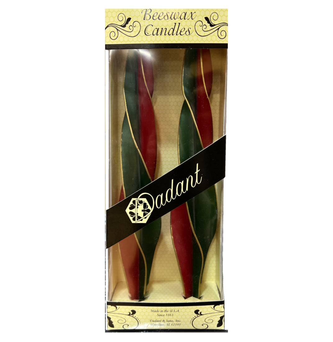 Dadant Holiday Beeswax Feathered Green & Red Twist Candles – 12" – 2pk