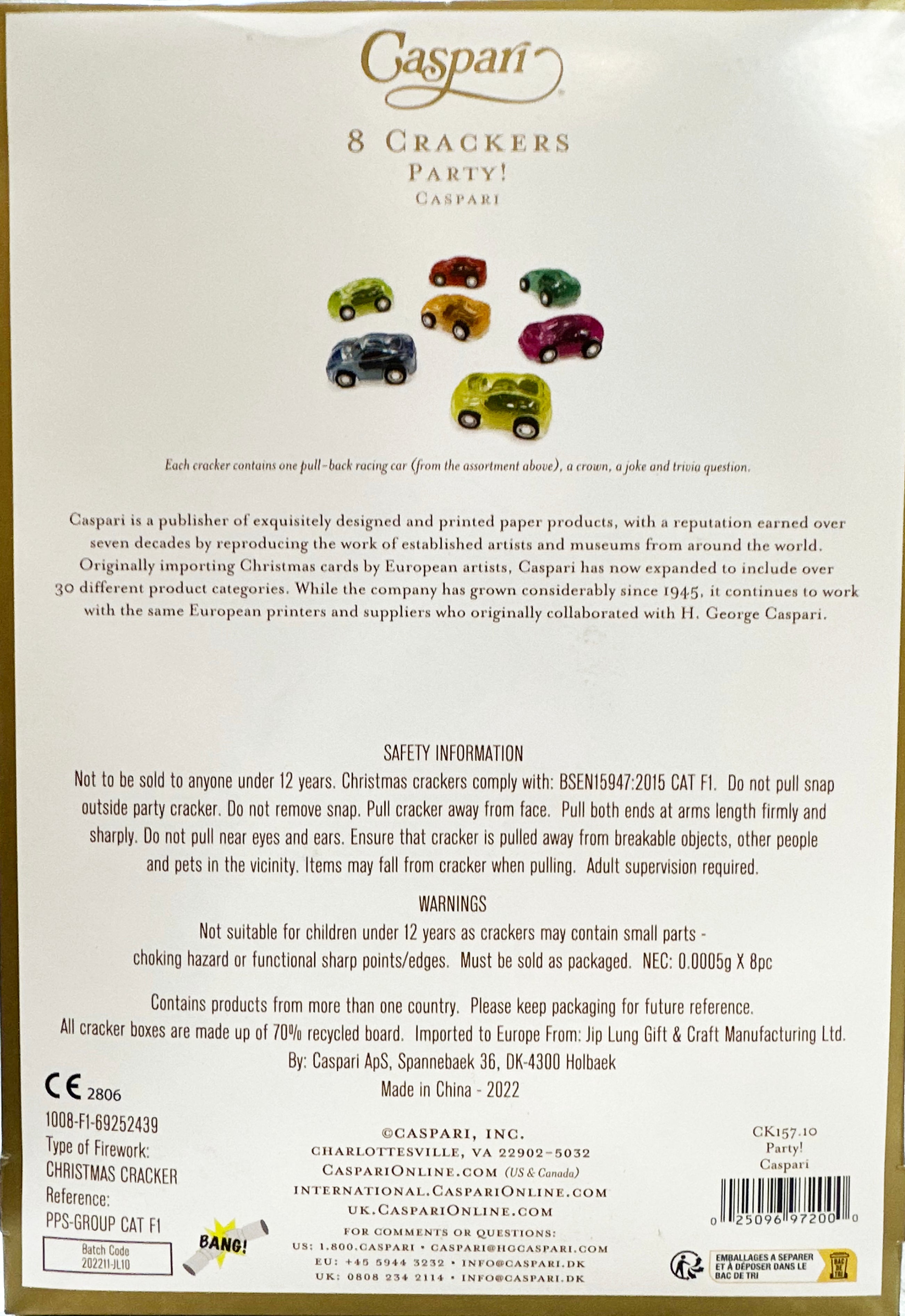 Caspari Party Celebration Crackers – 8 Pack