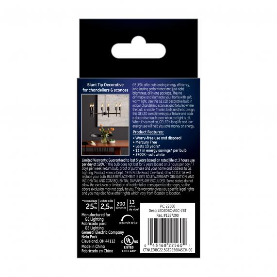 GE Soft White 25W Replacement LED Vintage Style Light Bulbs - Decorative Blunt Tip Candelabra Base - 2 Pack