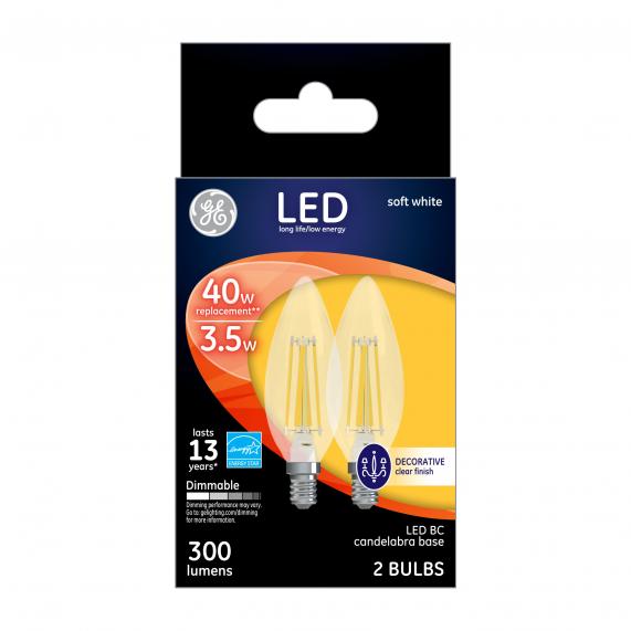 GE Soft White 40W Replacement LED Vintage Style Torpedo Light Bulbs - Decorative Blunt Tip Candelabra Base - 2 Pack