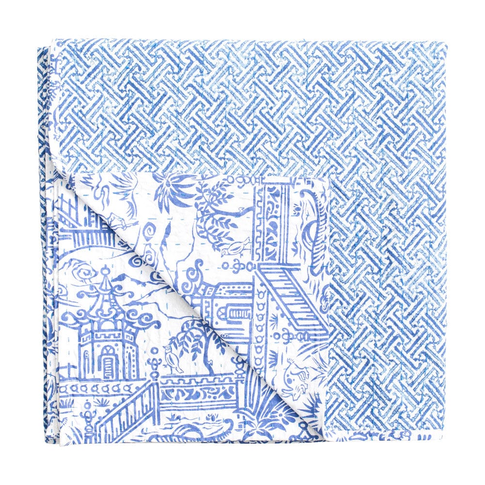 Caspari Reversible Kantha Table Cloth – Blue & White Pagoda Toile – 70"x70"