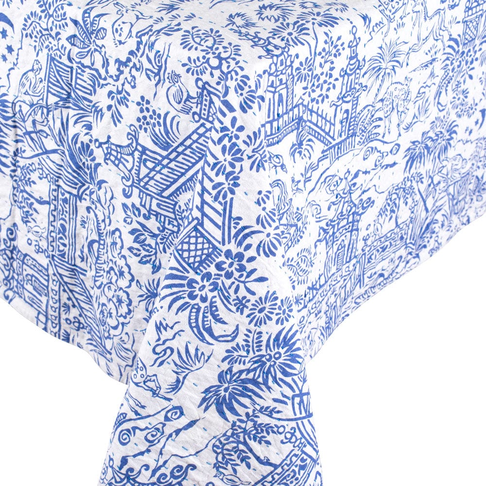 Caspari Reversible Kantha Table Cloth – Blue & White Pagoda Toile – 70"x70"