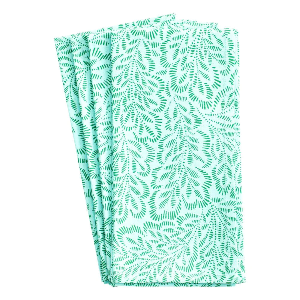 Caspari Cloth Dinner Napkins – Block Print Leaves – Turquoise & Green – Set of 4