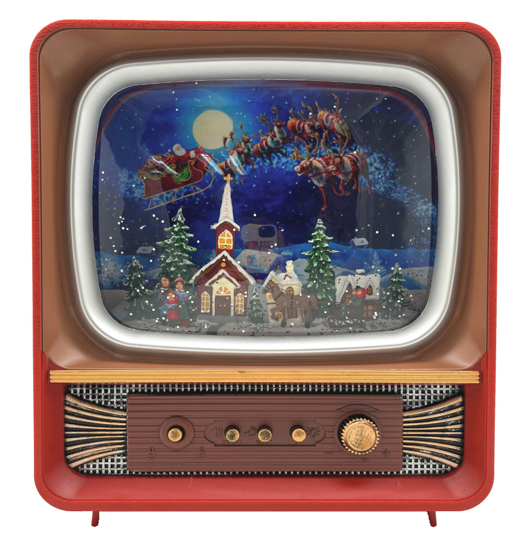 Lighted Musical Water Globe TV With Flying Santa