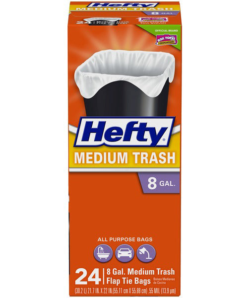 Hefty Twist Tie Medium Trash Bag with Flap Tie Closure, 8 Gallon, White - 24 pack