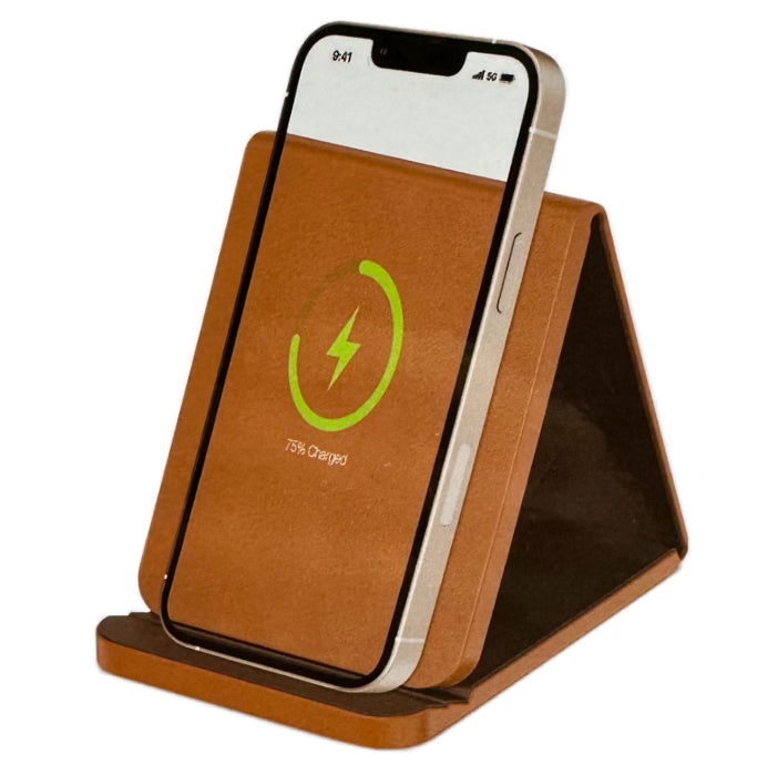 Folding Leather Wireless Pad And Charging Stand – Tan/Black