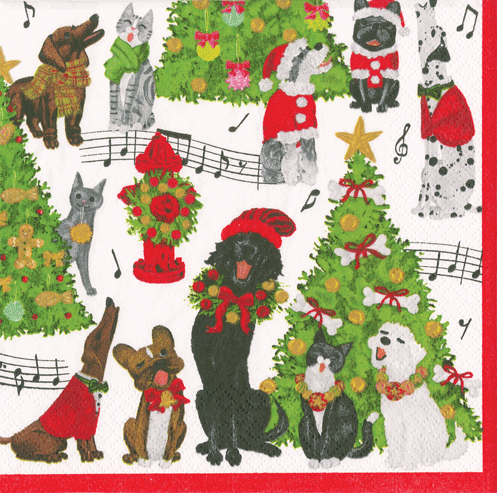 Caspari Caroling Pets Cocktail Napkins - 20pk