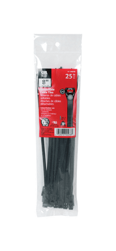 8" Black Releasable Cable Ties – Pack of 25