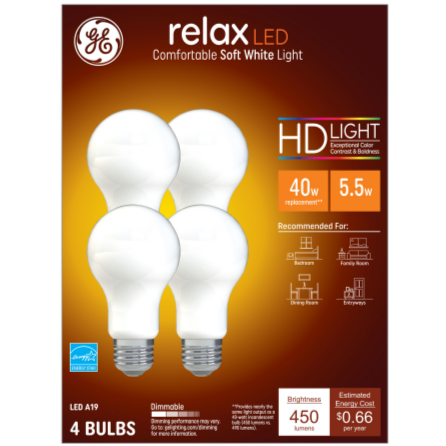 GE HD LED Relax Soft White Dimmable 40W Equivalent A19 Light Bulbs - 4-Pk
