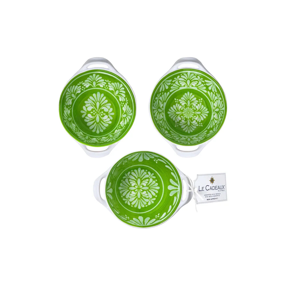 Le Cadeaux Melamine Mini Handled Bowls – Set of 3 – Paloma Green