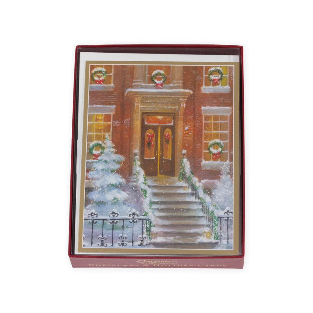 Caspari Decorated Brownstone Boxed Christmas Cards – 15 Cards/Envelopes