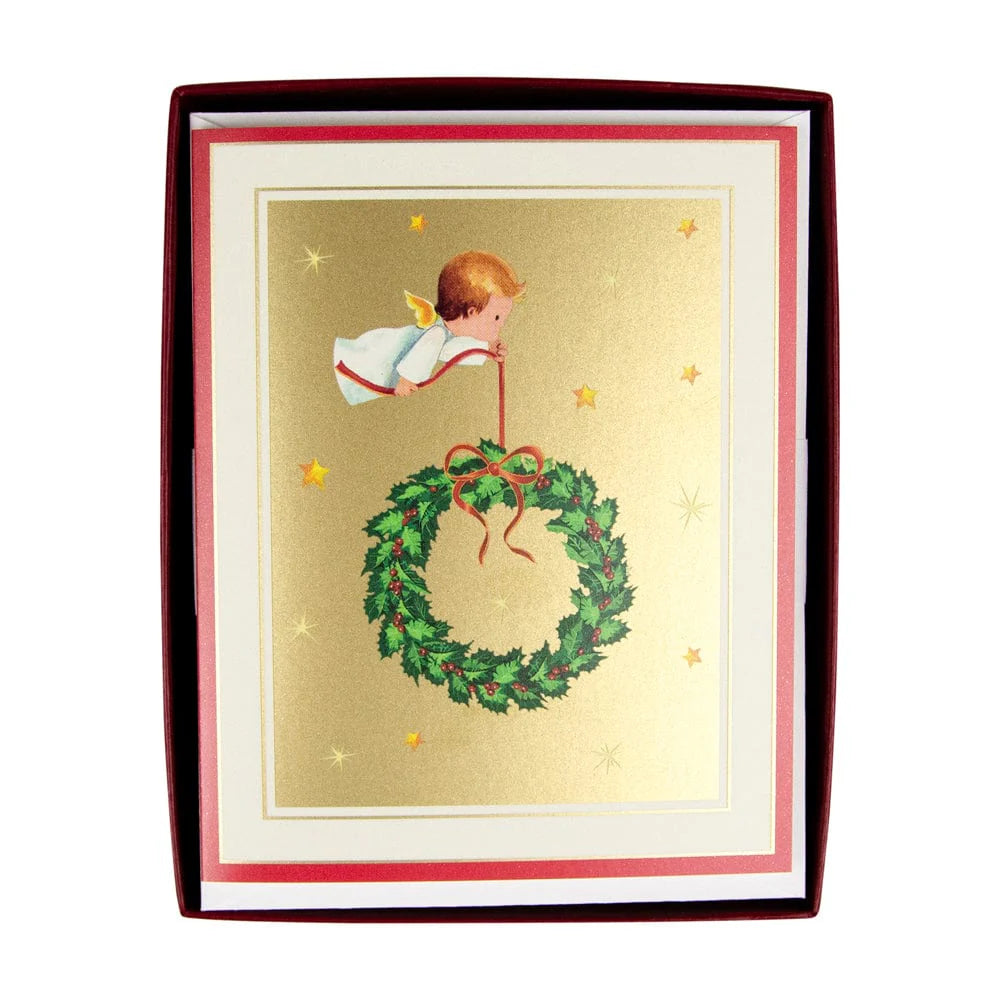 Caspari Baby Angel With Wreath Boxed Christmas Cards – 15 Cards/Envelopes