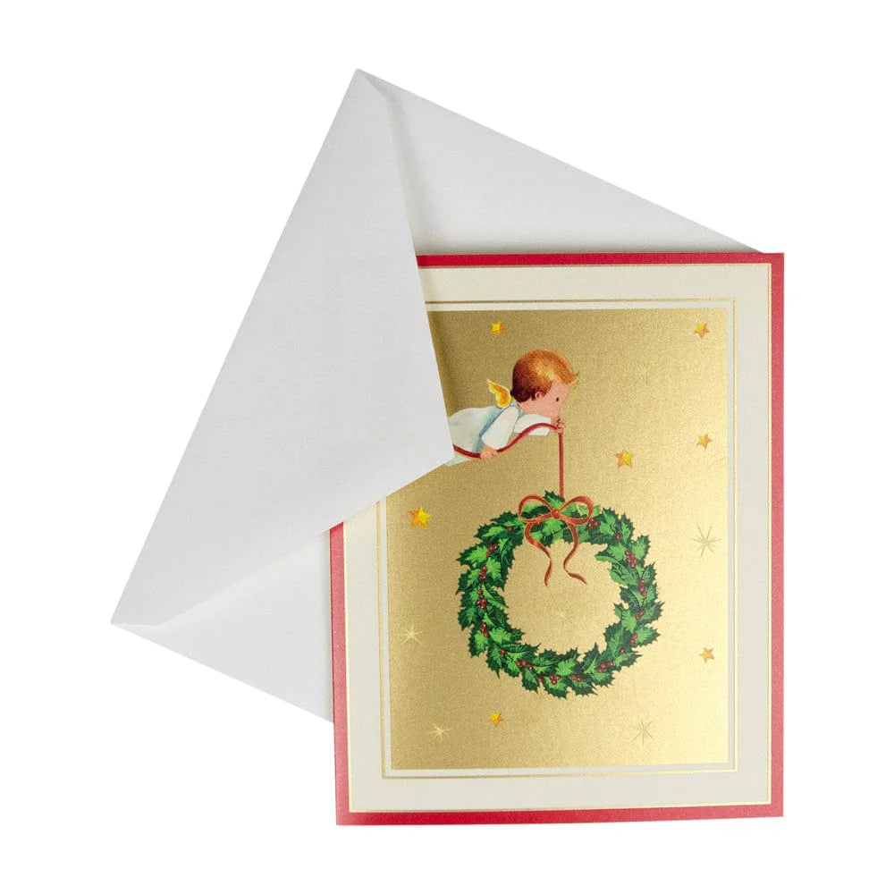 Caspari Baby Angel With Wreath Boxed Christmas Cards – 15 Cards/Envelopes