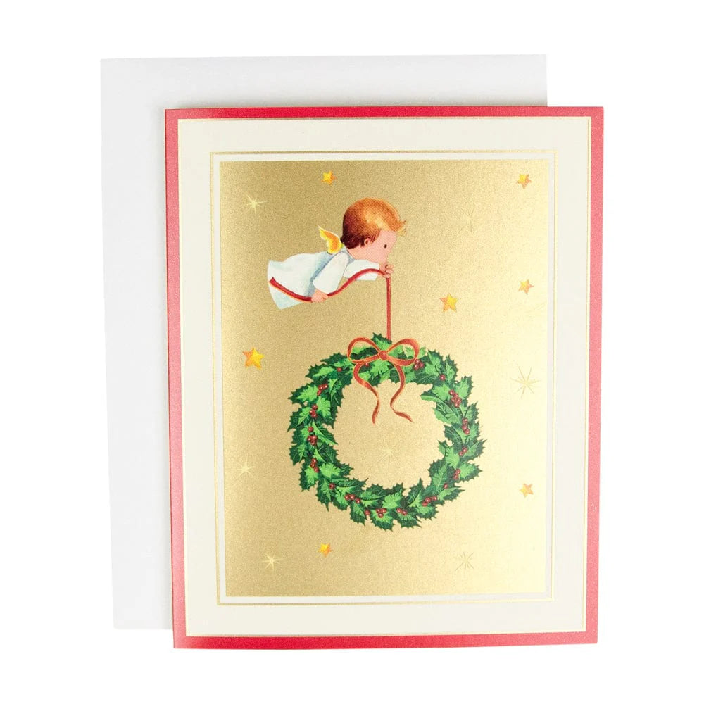 Caspari Baby Angel With Wreath Boxed Christmas Cards – 15 Cards/Envelopes