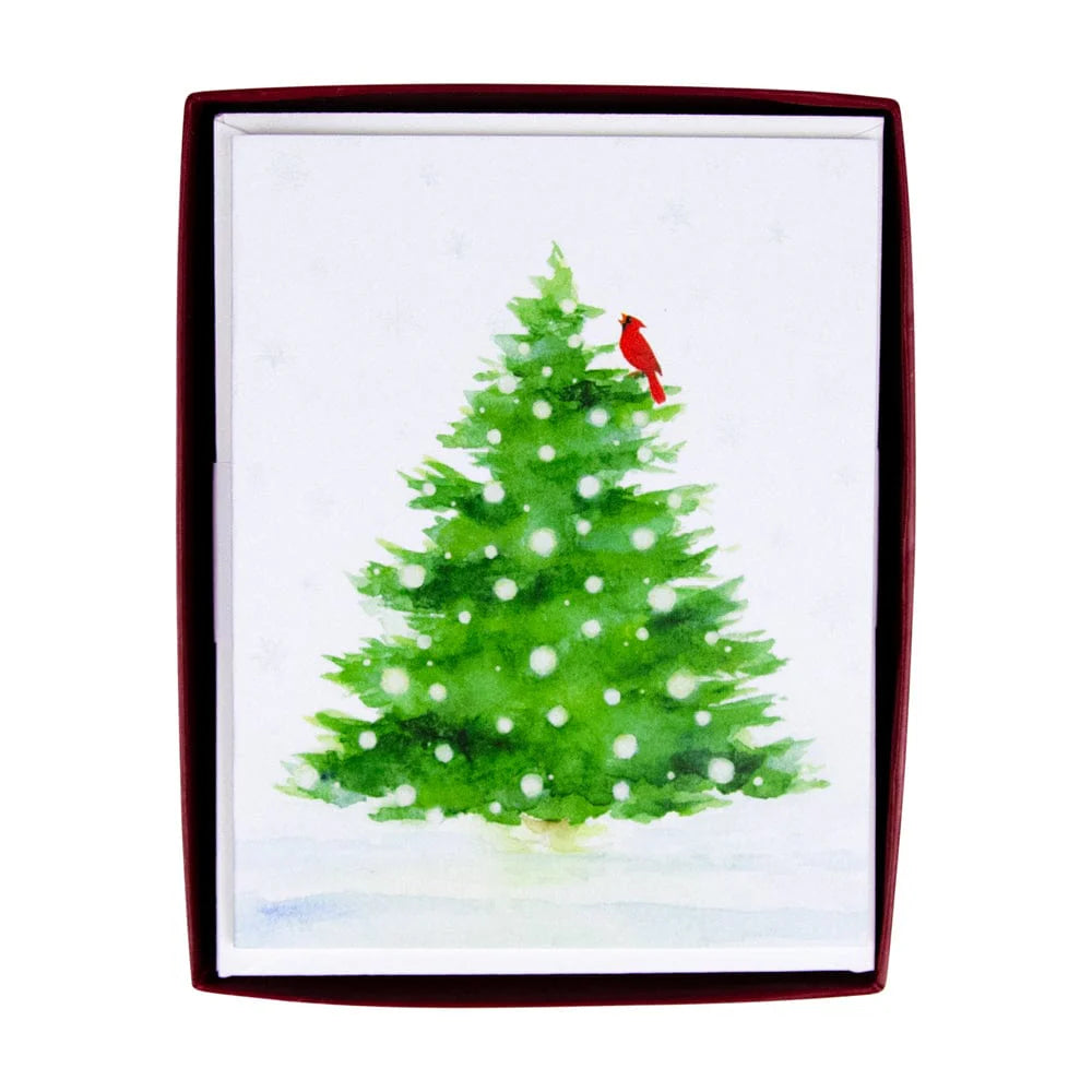 Caspari Decorated Snowy Tree With Cardinal Boxed Christmas Cards – 15 Cards/Envelopes