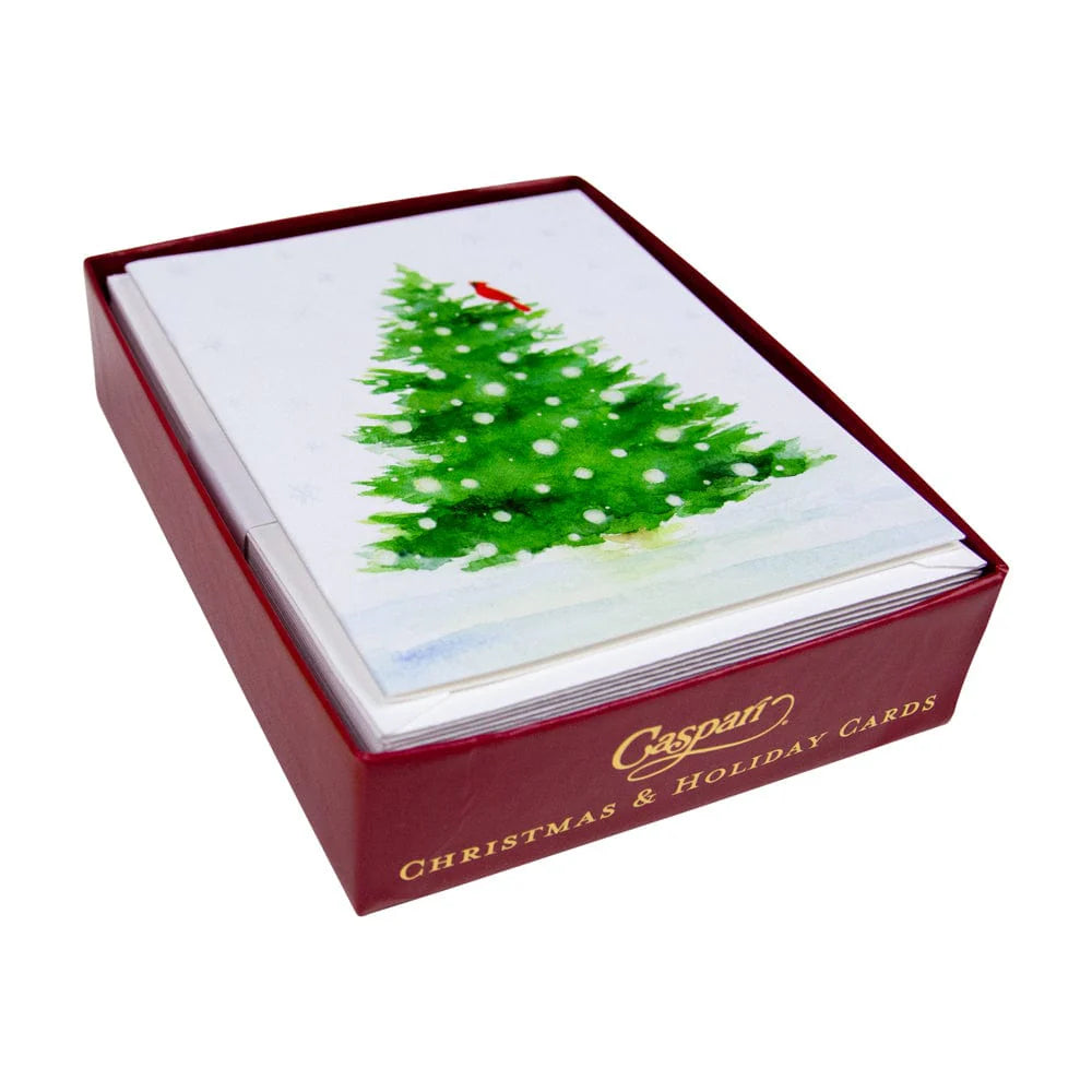 Caspari Decorated Snowy Tree With Cardinal Boxed Christmas Cards – 15 Cards/Envelopes