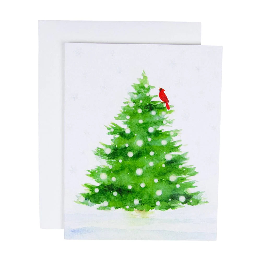 Caspari Decorated Snowy Tree With Cardinal Boxed Christmas Cards – 15 Cards/Envelopes