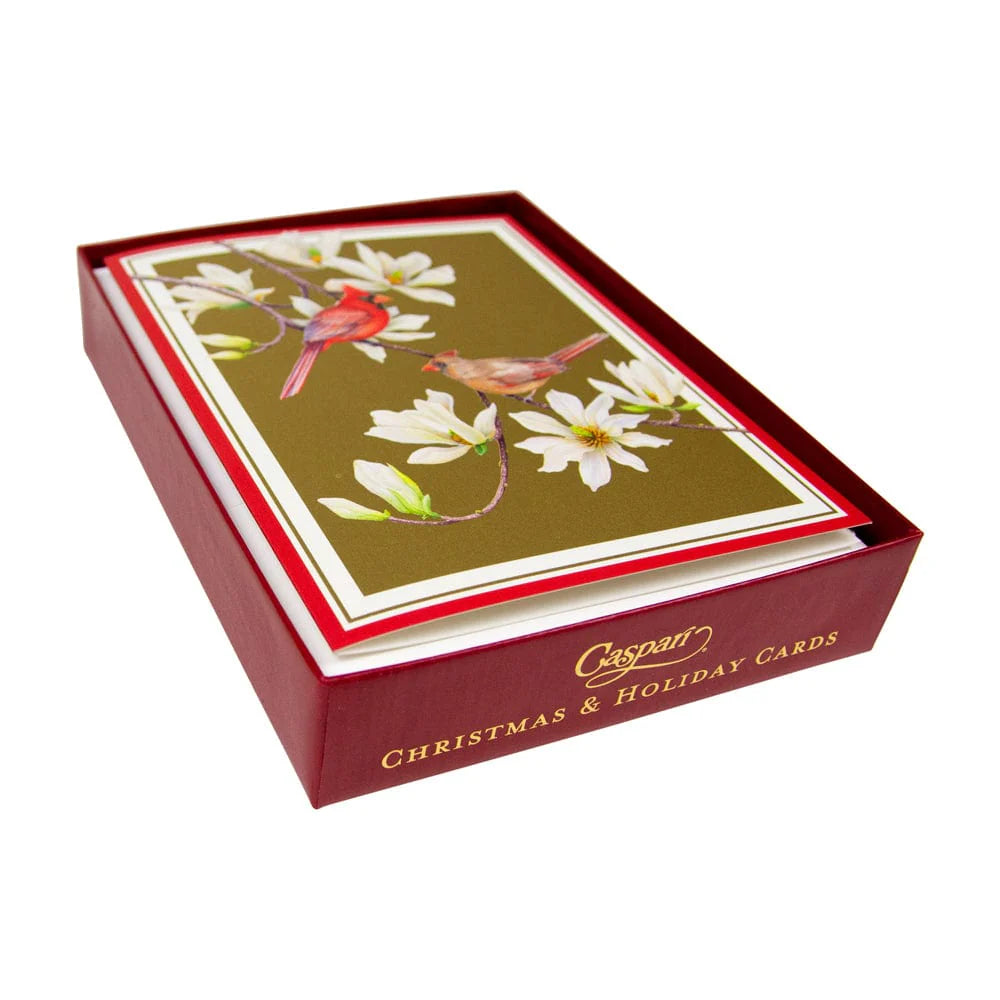 Caspari Cardinals And Magnolia Boxed Christmas Cards – 15 Cards/Envelopes