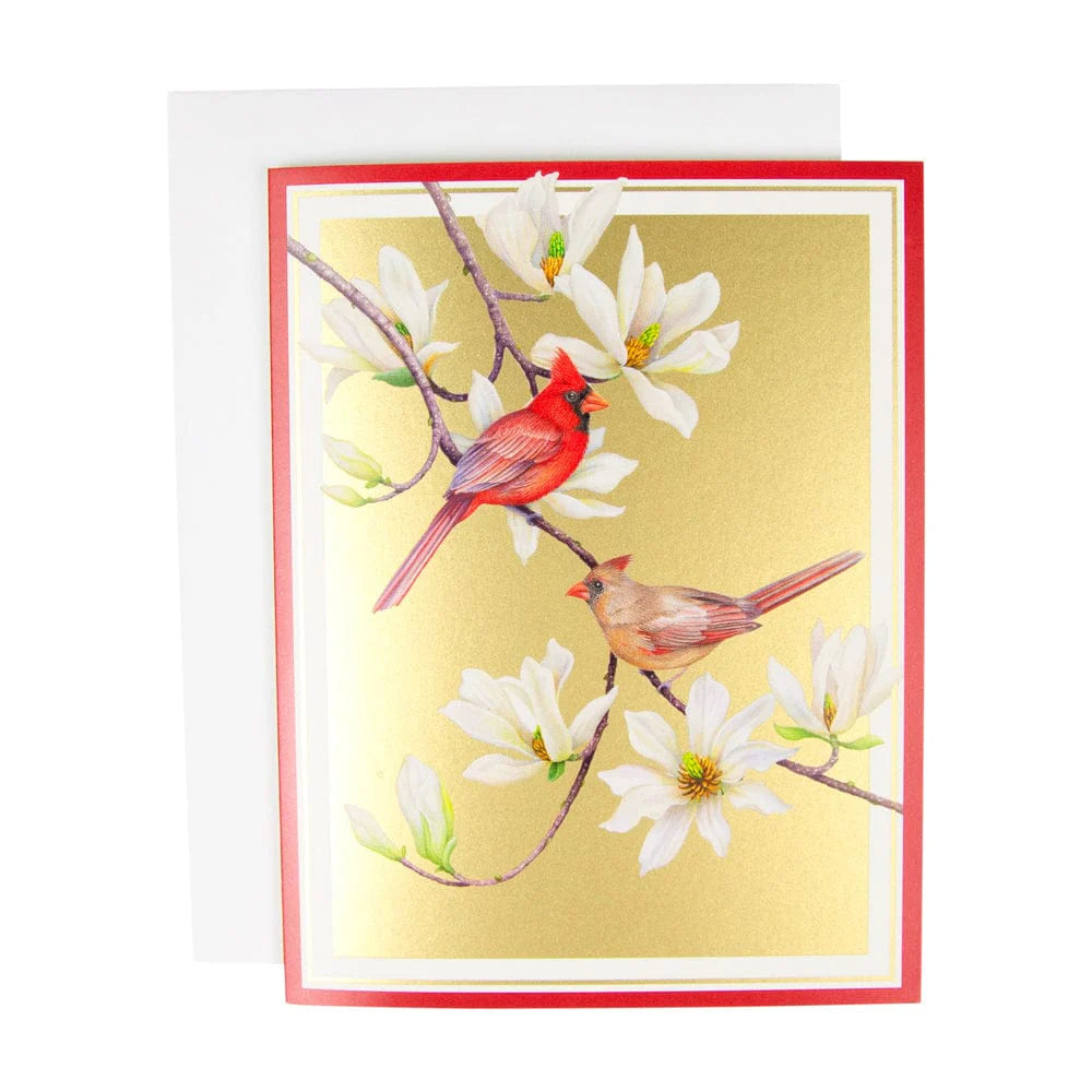 Caspari Cardinals And Magnolia Boxed Christmas Cards – 15 Cards/Envelopes