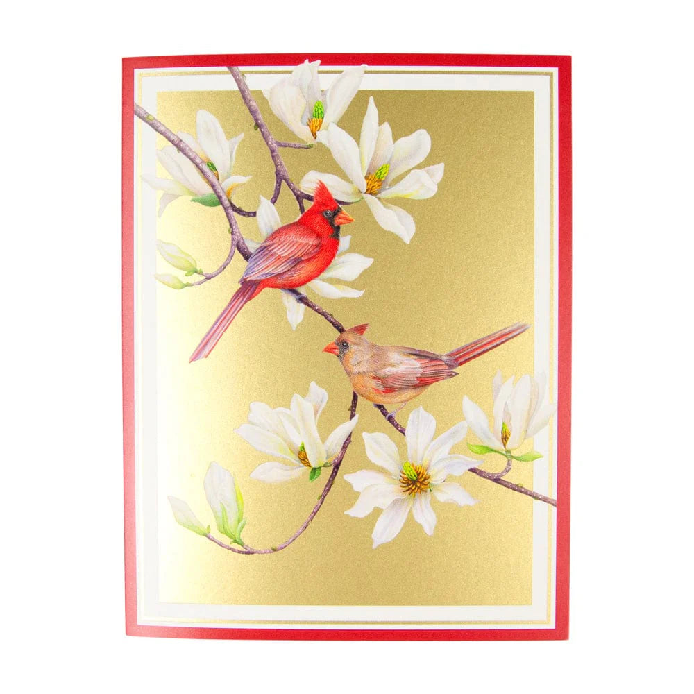 Caspari Cardinals And Magnolia Boxed Christmas Cards – 15 Cards/Envelopes