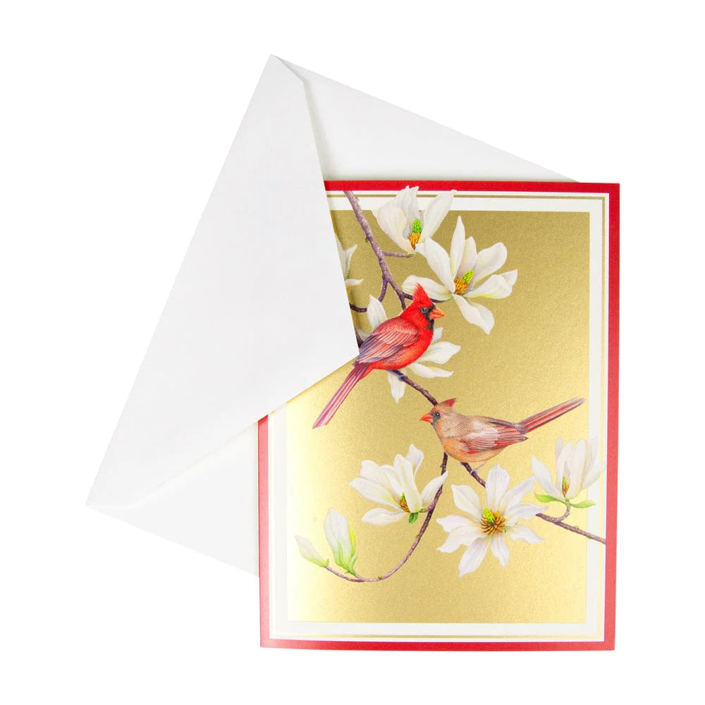 Caspari Cardinals And Magnolia Boxed Christmas Cards – 15 Cards/Envelopes