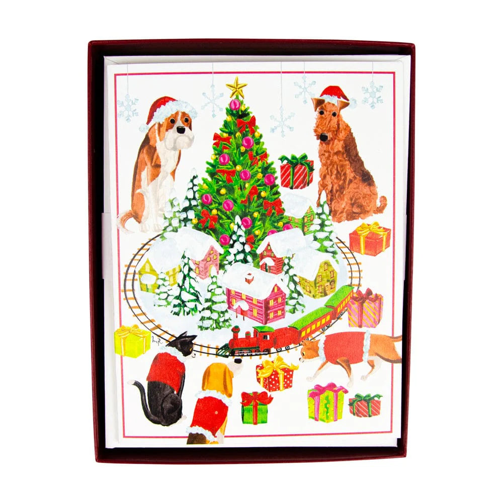 Caspari Pets With Model Train Boxed Christmas Cards – 15 Cards/Envelopes