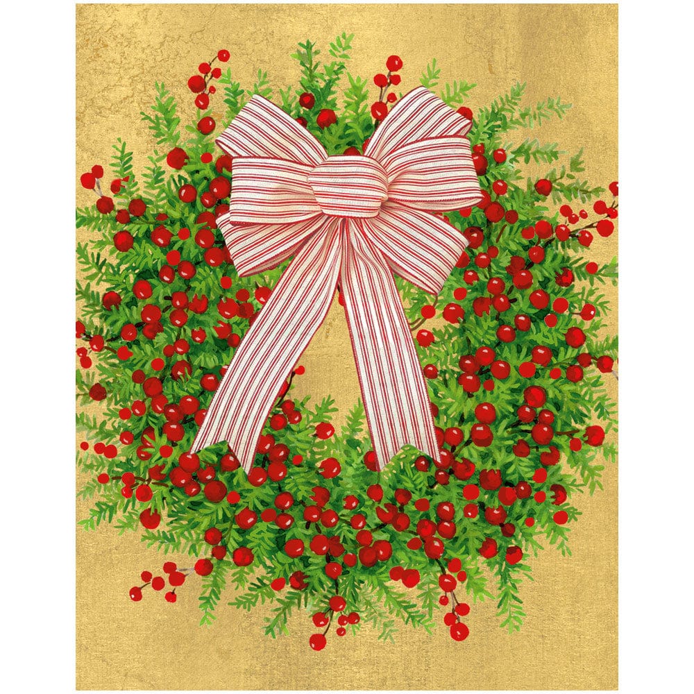 Caspari Greenery And Berry Wreath With Bow Petite Boxed Christmas Cards – 15 Cards/Envelopes