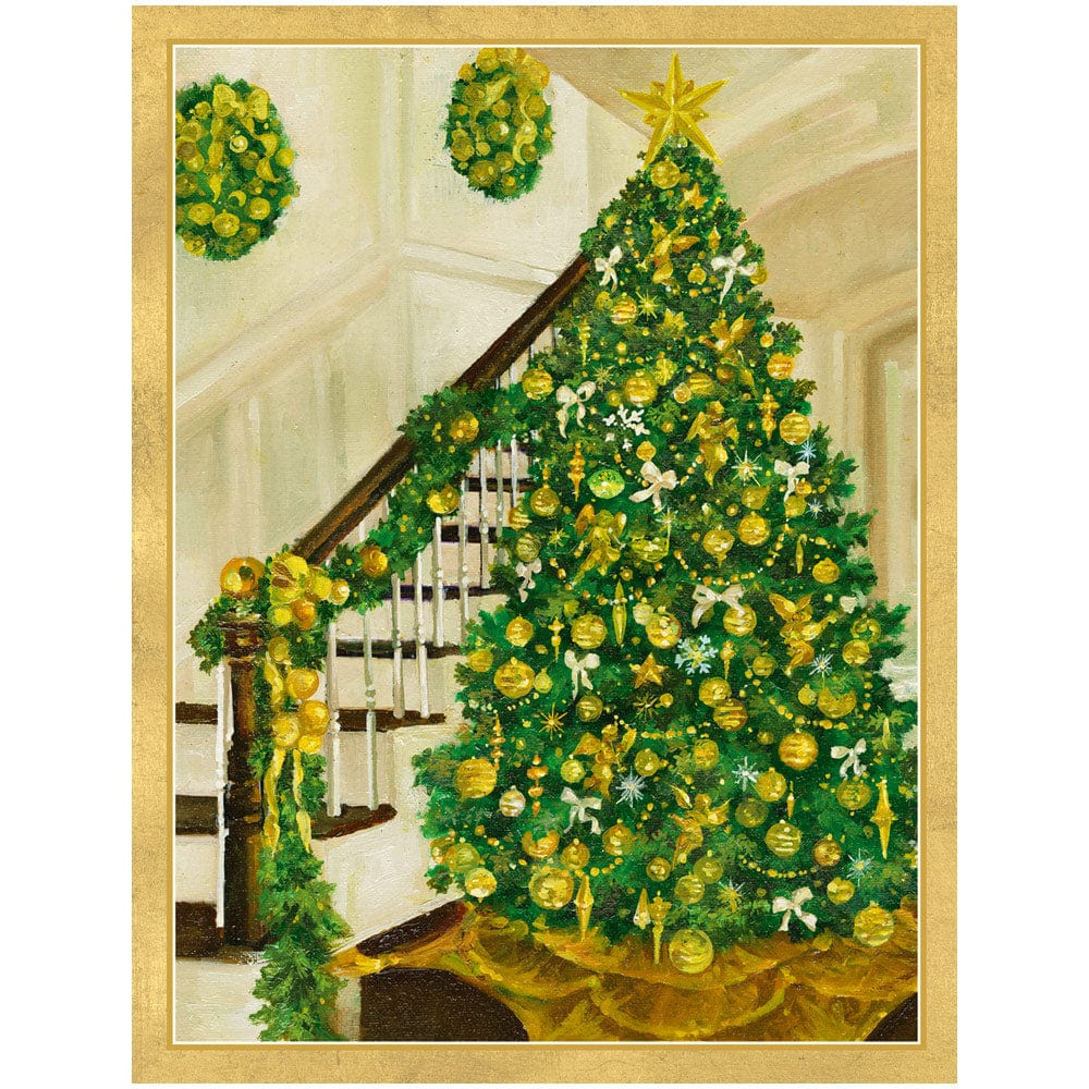 Caspari Golden Christmas Tree And Staircase Classic Boxed Christmas Cards – 15 Cards/Envelopes