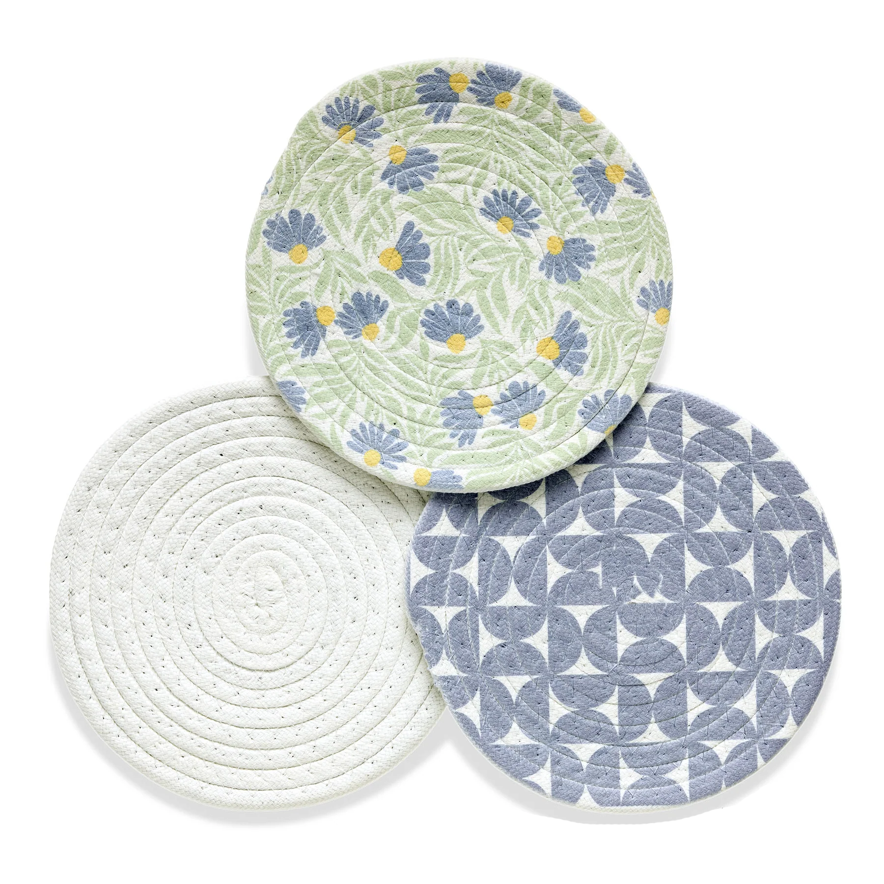 Werkshoppe Blue Coneflower Cotton Kitchen Trivets – 8" – Set of 3
