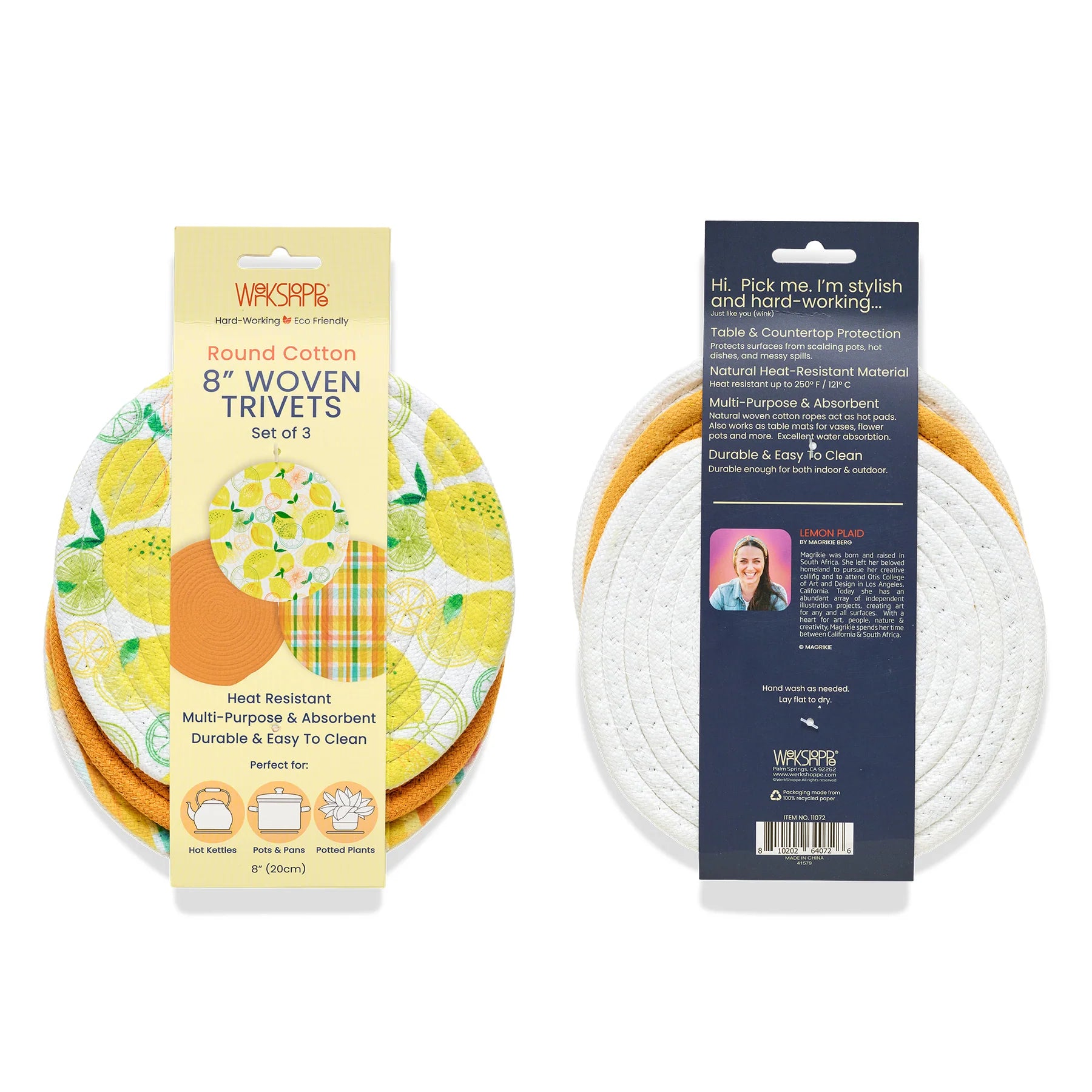 Werkshoppe Lemon Plaid Cotton Kitchen Trivets – 8" – Set of 3