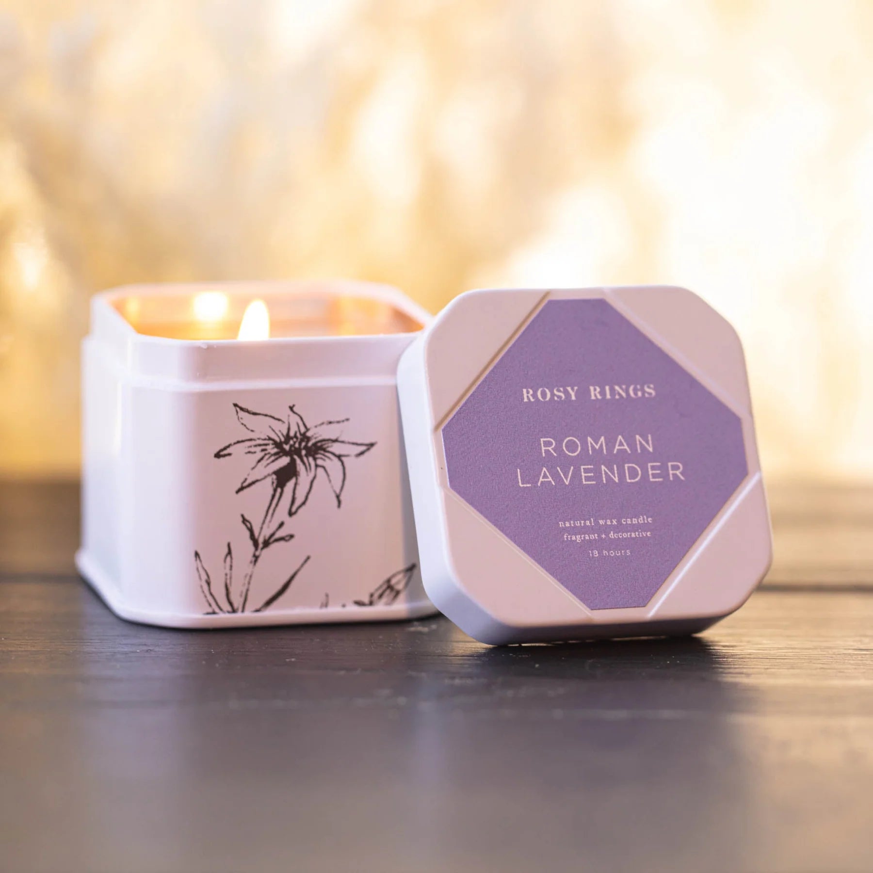 Rosie Rings Petite Tin Candle With Matches – 3oz. – Roman Lavender