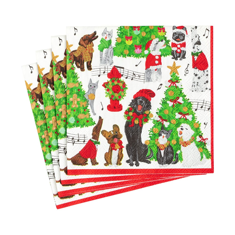 Caspari Caroling Pets Christmas Cocktail Napkin - 20pk