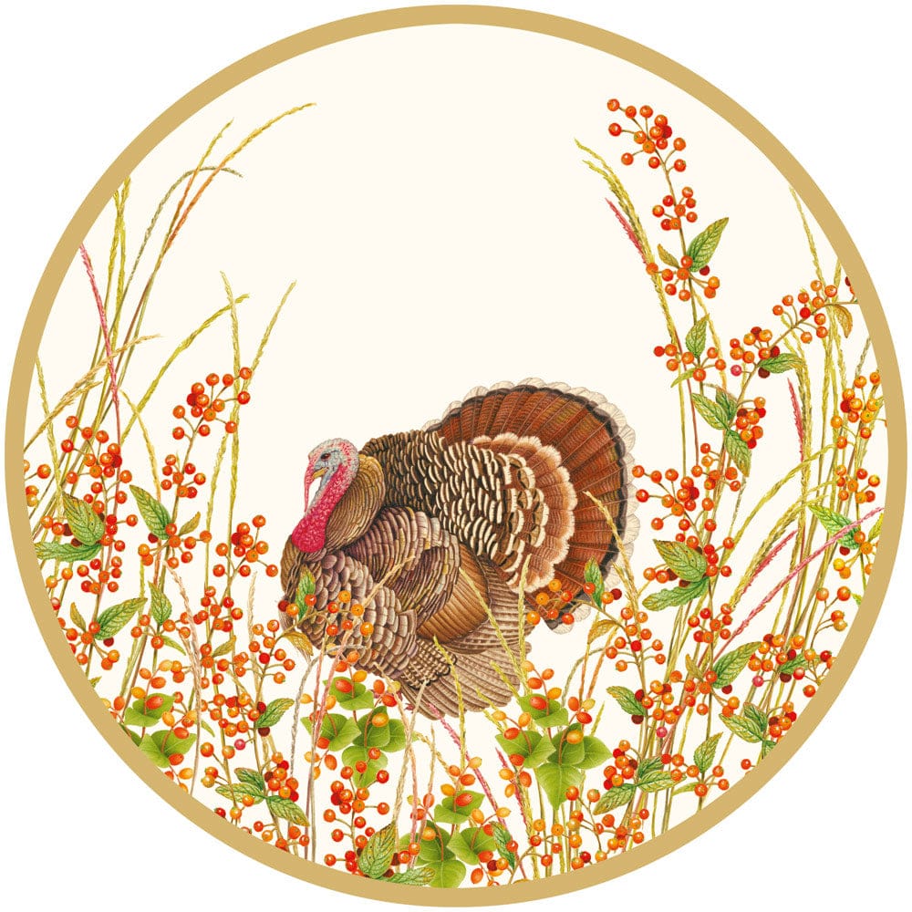 Caspari Round Paper Dinner Plates – Turkey And Berries – 8pk
