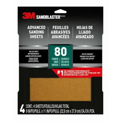 3M Sandblaster Sandpaper – 9" x 11" –  80 Grit – Pack of 4