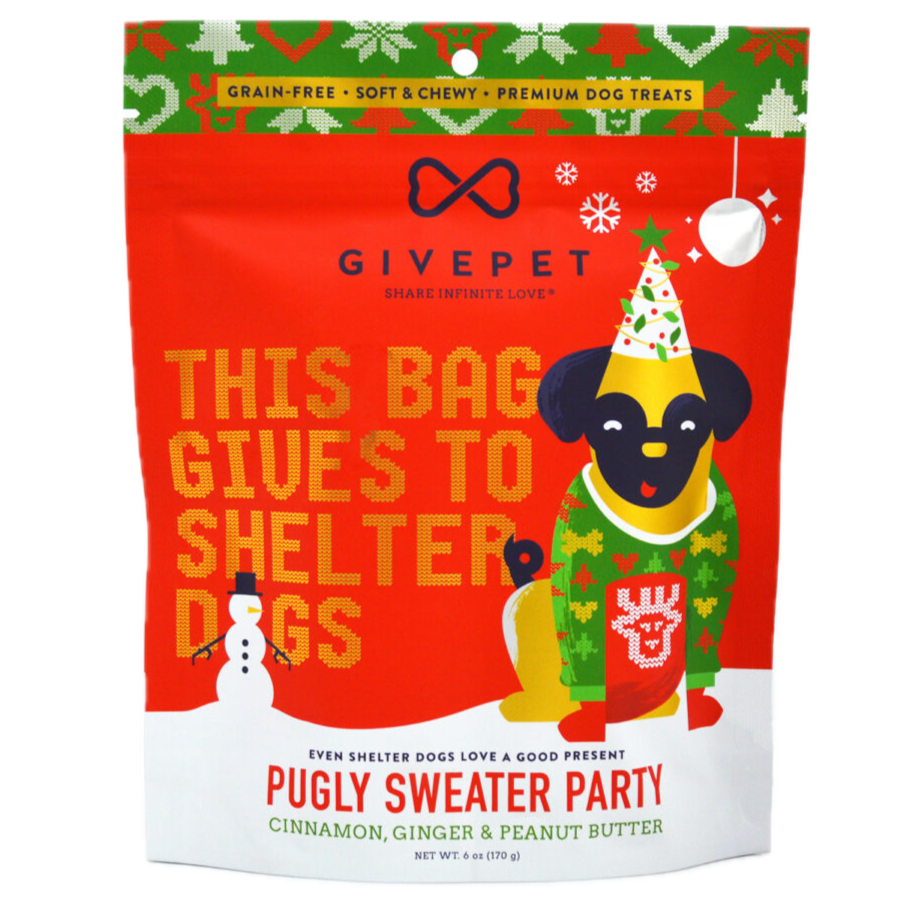 Premium Holiday Dog Treats –  Pugly Sweater Party – 6oz.