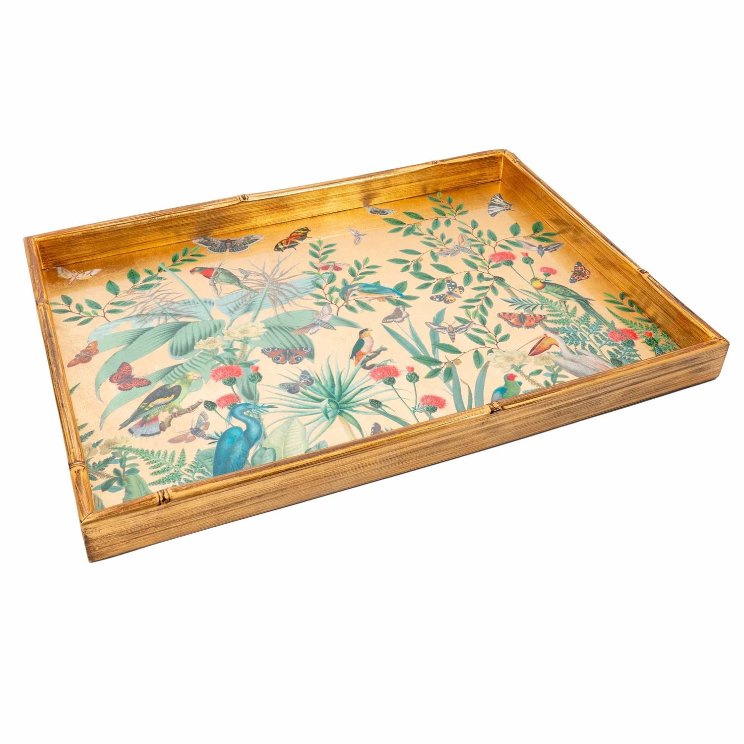 Caspari Golden Aviary Bamboo Edge Lacquer Large Rectangle Tray – 21” x 15”