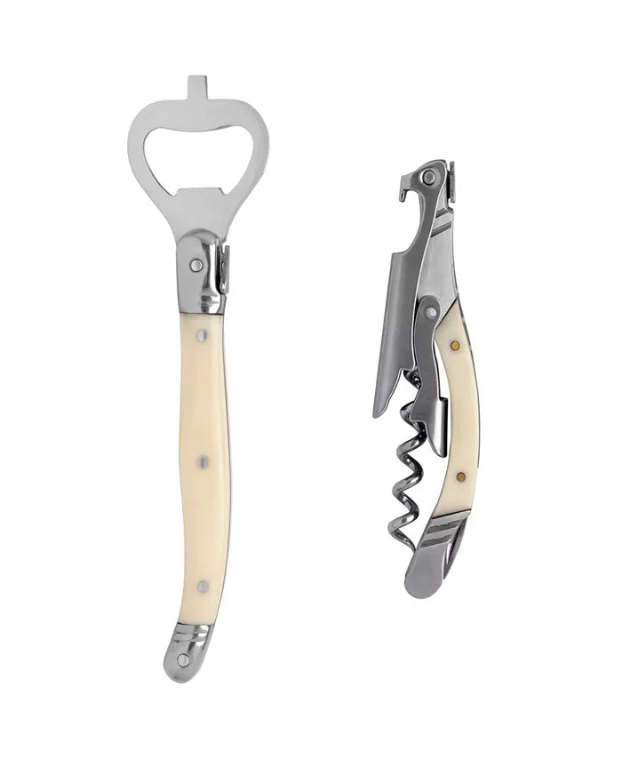 French Home Laguiole Barware Bottle Opener & Corkscrew Set with Faux Ivory Handles